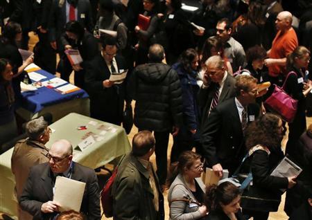 People wait in line to meet a job recruiter at the UJA-Federation Connect to Care job fair in New York March 6, 2013. REUTERS/Shannon Stapleton