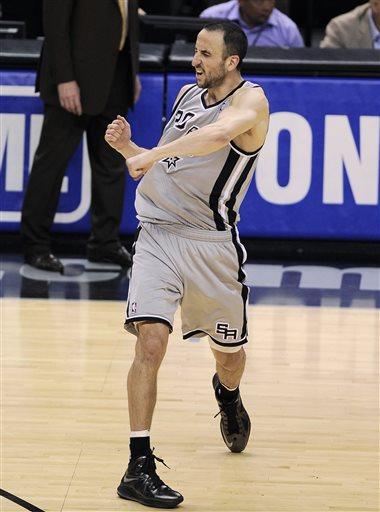 San Antonio Spurs' Manu Ginobili, of Argentina, reacts after making the winning shot in the last seconds of Game 1 of the Western Conference semifinal NBA basketball playoff series against the Golden State Warriors, Monday, May 6, 2013, in San Antonio. San Antonio won 129-127 in double overtime. (AP Photo/Darren Abate)