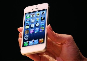 SAN FRANCISCO, CA - SEPTEMBER 12: The new iPhone 5 is displayed during an Apple special event at the Yerba Buena Center for the Arts on September 12, 2012 in San Francisco, California. Apple announced the iPhone 5, the latest version of the popular smart phone as well as new updated versions of the iPod Nano, Shuffle and Touch. (Photo by Justin Sullivan/Getty Images)