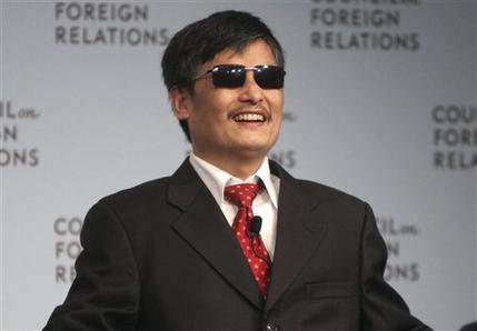 FILE - In this May 31, 2012 file photo,  Chen Guangcheng speaks at the Council on Foreign Relations in New York. Chen, a Chinese dissident who was allowed to travel to the U.S. after escaping from house arrest said in a statement Monday, June 17, 2013, that New York University is forcing him and his family to leave at the end of this month because of pressure from the Chinese government. NYU rejected Chen's allegations about Beijing's influence on his fellowship at the university.  (AP Photo/Seth Wenig, File)