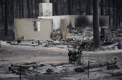 The remains of a motorcycle stands among the ruins of a home along Holmes Road Thursday, June 13, 2013, during the third day of the Black Forest Fire north of Colorado Springs, Colo. (AP Photo/The Gazette, Christian Murdock) MAGS OUT