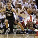 Miami Heat small forward LeBron James (6) moves the ball against San Antonio Spurs shooting guard Manu Ginobili (20) during the second half of Game 6 of the NBA Finals basketball game, Tuesday, June 18, 2013 in Miami. (AP Photo/Lynne Sladky)