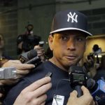 FILE - in this April 1, 2013, file photo, New York Yankees' Alex Rodriguez, who is on the disabled list after hip surgery, talks to reporters outside the Yankees' clubhouse in New York. A person familiar with the case tells The Associated Press Tuesday June 4, 2013 that the founder of a Miami anti-aging clinic has agreed to talk to Major League Baseball about players linked to performance-enhancing drugs. Alex Rodriguez, Ryan Braun, Nelson Cruz and Melky Cabrera are among the players whose names have been tied to the clinic. (AP Photo/Kathy Willens, File)