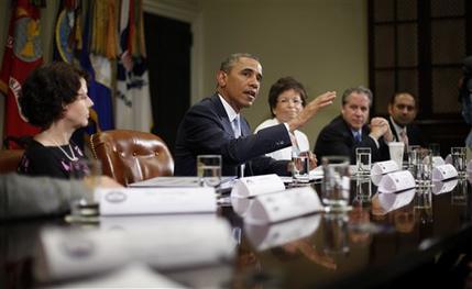 President Barack Obama speaks during his meeting in the Roosevelt Room of the White House in Washington, Monday, June 24, 2013, with CEOs, business owners and entrepreneurs to discuss immigration reform. From left are, Cecilia Muñoz, direcor of the White House Domestic Policy Council, the president, senior White House adviser Valerie Jarrett, National Economic Council Director Gene Sperling, and Dilawar Syed, CEO Yonja Media Group. Obama hosted the meeting to discuss the importance of commonsense immigration reform including the Congressional Budget Office analysis that concludes immigration reform would promote economic growth and reduce the deficit. (AP Photo/Pablo Martinez Monsivais)
