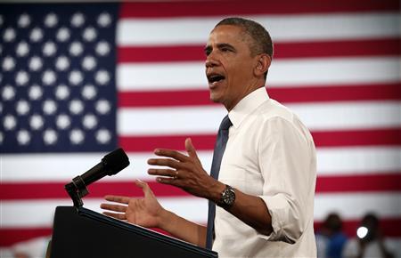 U.S. President Barack Obama speaks during a visit to Mooresville Middle School in Mooresville, North Carolina June 6, 2013. The visit is part of Obama's "Middle Class Jobs & Opportunity Tour." REUTERS/Kevin Lamarque