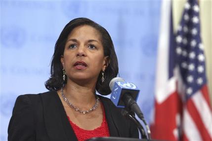 In this June 25, 2013 photo provided by the United Nations, outgoing U.S. Ambassador Susan Rice speaks to reporters at her final news conference at the U.N. headquarters. Rice, who will start her new job as U.S. national security adviser on July 1, said the U.N. Security Council's failure to take action to stop the conflict in Syria is "a moral and strategic disgrace that history will judge harshly." (AP Photo/United Nations Photo, Devra Berkowitz)