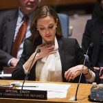 United Nations High Commissioner for Refugees (UNHCR) special envoy, actress Angelina Jolie, listens during a United Nations Security Council meeting on women, peace, security, and sexual violence in conflict at United Nations Headquarters in New York June 24, 2013. REUTERS/Lucas Jackson