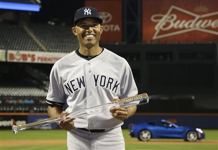 American Leagues Mariano Rivera, of the New York Yankees, poses with the MVP trophy after the MLB All-Star baseball game, on Tuesday, July 16, 2013, in New York. The American League defeated the National League 3-0. (AP Photo/Matt Slocum)