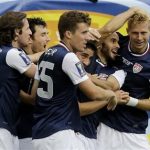 United States' Brek Shea, right, celebrates with teammates after scoring a goal during the second half of the CONCACAF Gold Cup final soccer match against Panama at Soldier Field, Sunday, July 28, 2013, in Chicago. United States won 1-0. (AP Photo/Nam Y. Huh)