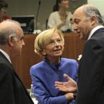 French Foreign Minister Laurent Fabius, right, talks with Italian Foreign Minister Emma Bonino, center, and Malta's Foreign Minister George Vella during the EU foreign ministers meeting, at the European Council building in Brussels, Monday, July 22, 2013. European Union foreign ministers were set Monday to tackle the thorny question of whether Hezbollah's military wing should be blacklisted as a terrorist organization, at a meeting in Brussels that is also due to feature talks on Egypt and Syria. (AP Photo/Yves Logghe)