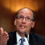 FILE - In this April 18, 2013, file photo, Labor Secretary nominee Thomas Perez testifies on Capitol Hill in Washington, before the Senate Health, Education, Labor and Pensions Committee hearing on his nomination. The Senate voted by the slimmest margin Wednesday, July 17, 2013, to end a filibuster against President Barack Obamas choice to head the Labor Department, as this weeks agreement averting a poisonous partisan clash over nominations and the chambers rules barely survived its toughest test so far. By 60-40, senators rejected Republican objections and voted to halt delaying tactics aimed at killing Perezs nomination to become labor secretary. (AP Photo/Molly Riley, File)