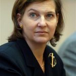 FILE - In this April 9, 2008, file photo, then-U.S. Permanent Representative to NATO Victoria Nuland talks to Macedonian President Branko Crvenkovski, unseen, in Macedonia's capital Skopje. A confirmation hearing for Nuland, President Barack Obama's choice as chief American diplomat for Europe, could provide some surprising fireworks Thursday, July 11, 2013, on the administration's handling of the Sept. 11, 2012 Benghazi attack, its plan to arm Syria's rebels, and more. Rarely is a potential assistant secretary of state expected to expound on such politically sensitive policy issues. (AP Photo/Boris Grdanoski, File)