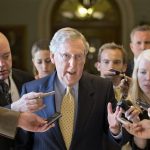 Senate Republican Leader Mitch McConnell of Kentucky is surrounded by reporters as he returns to his office after meeting with Senate Majority Leader Harry Reid, D-Nev., at the Capitol in Washington, Monday, July 15, 2013. The Senate Democrats that make up the majority and the Republicans that comprise the minority are gathering in a rare closed-door meeting in the Old Senate Chamber for a showdown over presidential nominees that have been blocked by a GOP filibuster. (AP Photo/J. Scott Applewhite)