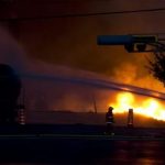 A fire keeps burns after railway cars that were carrying crude oil derailed in downtown Lac Megantic, Quebec, Saturday, July 6, 2013. (AP Photo/The Canadian Press, Paul Chiasson)