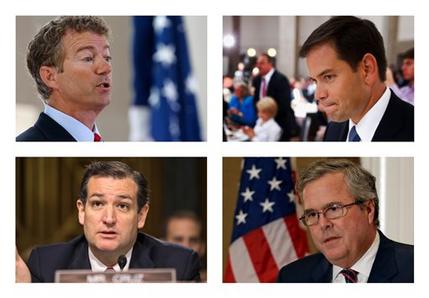 This combination of 2013 file photos shows, from left, top row, Sen. Rand Paul, R-Ky. and Sen. Marco Rubio, R-Fla. and bottom row, Sen. Ted Cruz, R-Texas and former Florida Gov. Jeb Bush. Pivotal developments on two cultural issues - immigration reform and gay marriage - offer an early preview of potential fault lines among Republicans weighing White House bids in 2016. (AP Photo)
