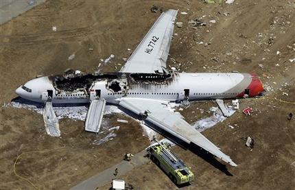 In this Saturday, July 6, 2013 aerial photo, the wreckage of Asiana Flight 214 lies on the ground after it crashed at the San Francisco International Airport, in San Francisco. The pilot at the controls of airliner had just 43 hours of flight time in the Boeing 777 and was landing one for the first time at San Francisco International. (AP Photo/Marcio Jose Sanchez)