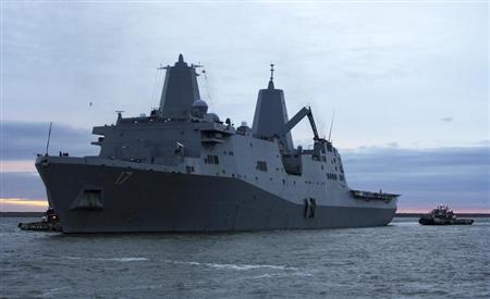 Handout of USS San Antonio departing Naval Station Norfolk in Norfolk, Virginia
