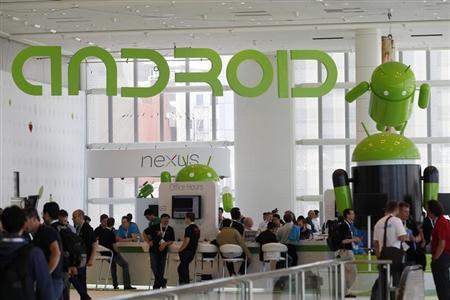 Attendees gather at the Android developer sandbox during the Google I/O Conference in San Francisco
