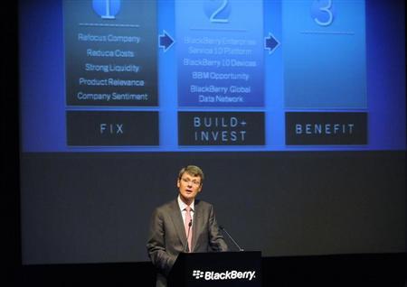 BlackBerry Chief Executive Thorsten Heins speaks at the company's annual meeting in Waterloo