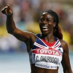 Ohuruogu of Britain celebrates winning the women's 400 metres final during the IAAF World Athletics Championships in Moscow