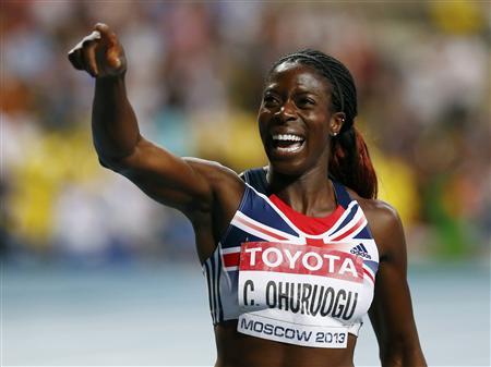 Ohuruogu of Britain celebrates winning the women's 400 metres final during the IAAF World Athletics Championships in Moscow