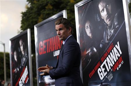 Cast member Ethan Hawke poses at the premiere of "Getaway" in Los Angeles