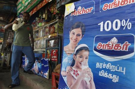 An advertisement for Fonterra's Anchor powder brand is seen at a shop, a day before the announcement of the ban on advertising of Fonterra milk products, in Colombo