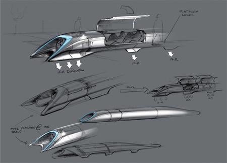 A sketch of billionaire U.S. entrepreneur Elon Musk's proposed "Hyperloop" transport system is shown in this publicity image released by Tesla Motors