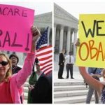 A combination file photo shows opponents (L) and supporters (R) of Affordable Healthcare Act rally on the sidewalk at the Supreme Court in Washington on March 28, 2012 and on June 28, 2012 respectively. REUTERS/Jonathan Ernst (L) and REUTERS/Joshua Roberts (R)