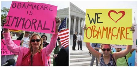 A combination file photo shows opponents (L) and supporters (R) of Affordable Healthcare Act rally on the sidewalk at the Supreme Court in Washington on March 28, 2012 and on June 28, 2012 respectively. REUTERS/Jonathan Ernst (L) and REUTERS/Joshua Roberts (R)
