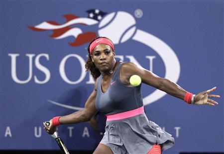 Serena Williams of the U.S. prepares to hit a forehand to Yaroslava Shvedova of Kazakhstan at the U.S. Open tennis championships in New York