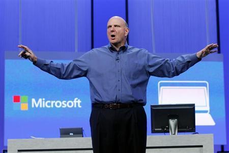 Microsoft CEO Ballmer gestures during his keynote address at the Microsoft "Build" conference in San Francisco