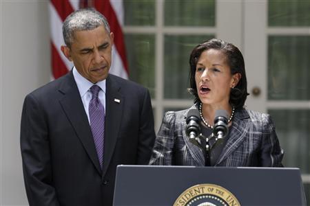 File photo of U.N. Ambassador Rice speaking next to U.S. President Obama after being named to be new national security advisor in Washington
