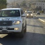 U.N. peacekeeping inspectors leave the Masnaa border crossing between Lebanon and Syria