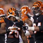 Bengals' Bernard celebrates his touchdown against the Steelers with Cook during the first half of play in their NFL football game at Paul Brown Stadium in Cincinnati