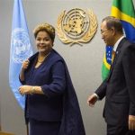 U.N. Secretary-General Ban arrives with Brazil's President Rousseff during the U.N. General Assembly in New York