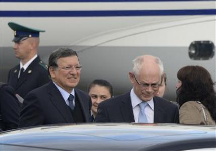 European Council President Herman Van Rompuy and European Commission President Jose Manuel Barroso arrive to take part in the G20 Summit in St. Petersburg