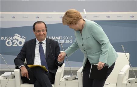 German Chancellor Merkel and French President Hollande attend a meeting with business leaders in St.Petersburg