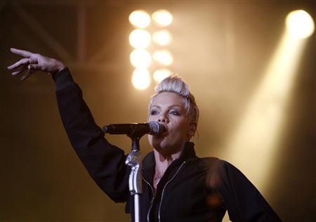 File photo of U.S. singer Pink performing on main stage during Budapest's Sziget Music Festival on an island in the Danube River