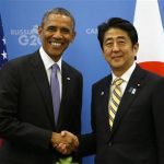 U.S. President Obama shakes hands with Japanese PM Abe at the G20 Summit in St. Petersburg