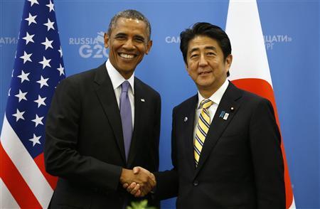 U.S. President Obama shakes hands with Japanese PM Abe at the G20 Summit in St. Petersburg