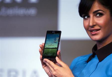 Bollywood actress Kaif displays the Sony Xperia Z high-end smartphone in New Delhi
