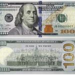 Combination photo shows the front and back of the newly designed $100 bill