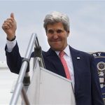 U.S. Secretary of State Kerry makes the thumbs up sign as he leaves, after completing his trip to Malaysia, from Subang TUDM outside of Kuala Lumpur