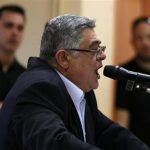 File photo shows leader of far-right Golden Dawn party Mihaloliakos addressing an election campaign rally in Perama