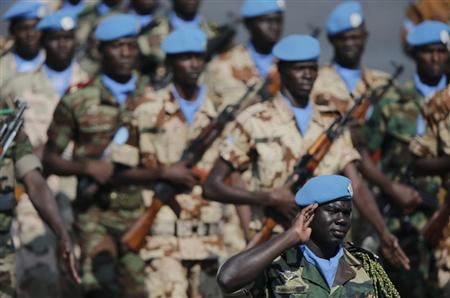 Soldiers from the U.N. peacekeeping mission in Mali take part in the traditional Bastille Day military parade in Paris