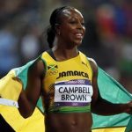 Jamaica's Veronica Campbell-Brown celebrates third place in women's 100m final at London 2012 Olympic Games