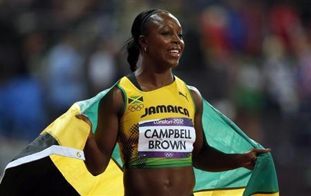 Jamaica's Veronica Campbell-Brown celebrates third place in women's 100m final at London 2012 Olympic Games