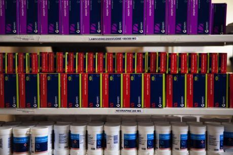 Anti-retroviral drugs sit on a shelf in the pharmacy at the Ubuntu clinic in Cape Town's Khayelitsha township