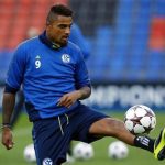 Schalke 04's Kevin-Prince Boateng controls the ball during a training session in Basel